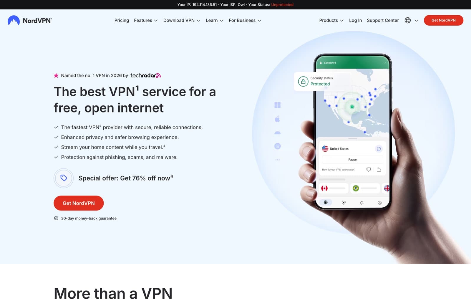 The NordVPN homepage at nordvpn.com